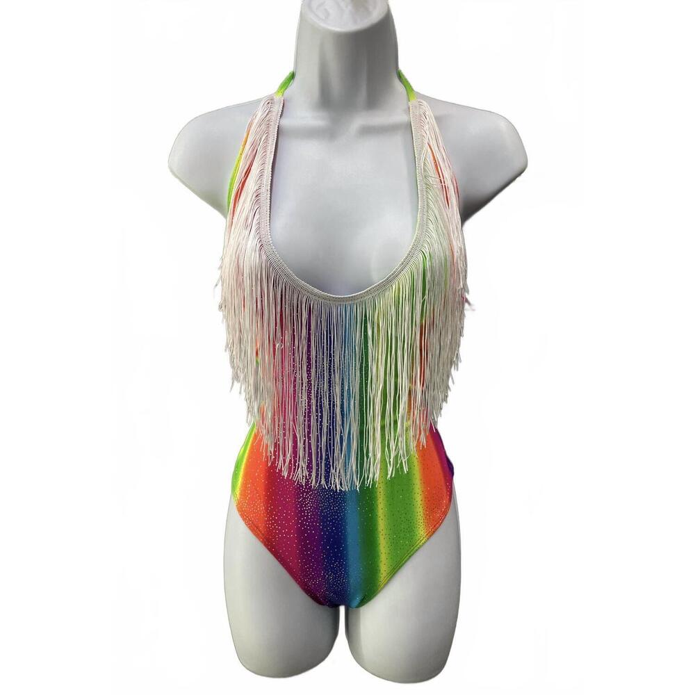 NEW SEA DRAGON STUDIO women's fringe benefits holographic bodysuit in prism powe